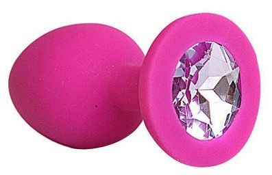 Ярко-розовая анальная пробка с сиреневым кристаллом - 9,5 см. купить в секс шопе