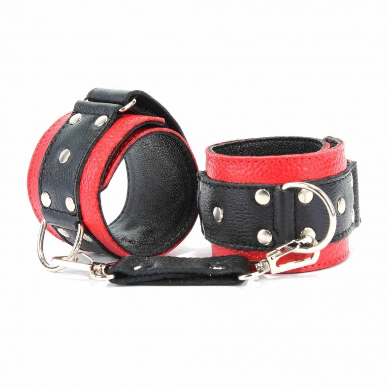 Красно-чёрные кожаные наручники купить в секс шопе