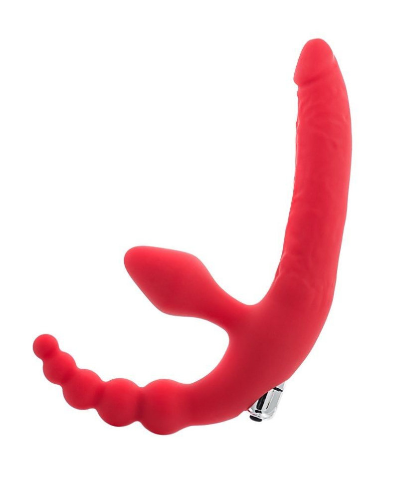 Красный безремневой страпон с вибрацией и анальным отростком купить в секс шопе