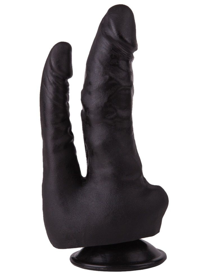 Двойной фаллоимитатор чёрного цвета на присоске - 17 см. купить в секс шопе