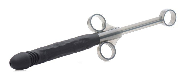 Черный шприц в форме пениса для введения лубриканта Jizz Shooter Silicone Dildo Lube - 19,7 см. купить в секс шопе