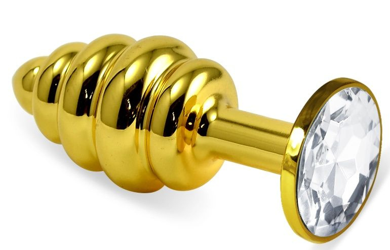 Золотистая ребристая анальная пробка с прозрачным кристаллом - 8 см.  купить в секс шопе