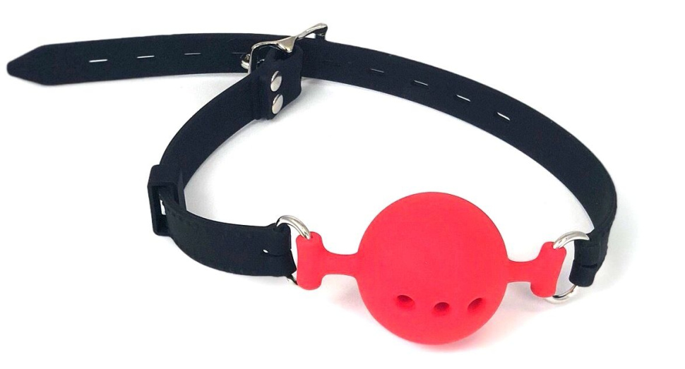 Красный кляп-шарик с черным ремешком купить в секс шопе