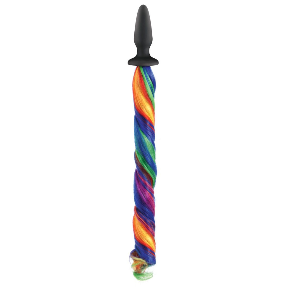 Чёрная анальная пробка с радужным хвостом Unicorn Tails Rainbow купить в секс шопе