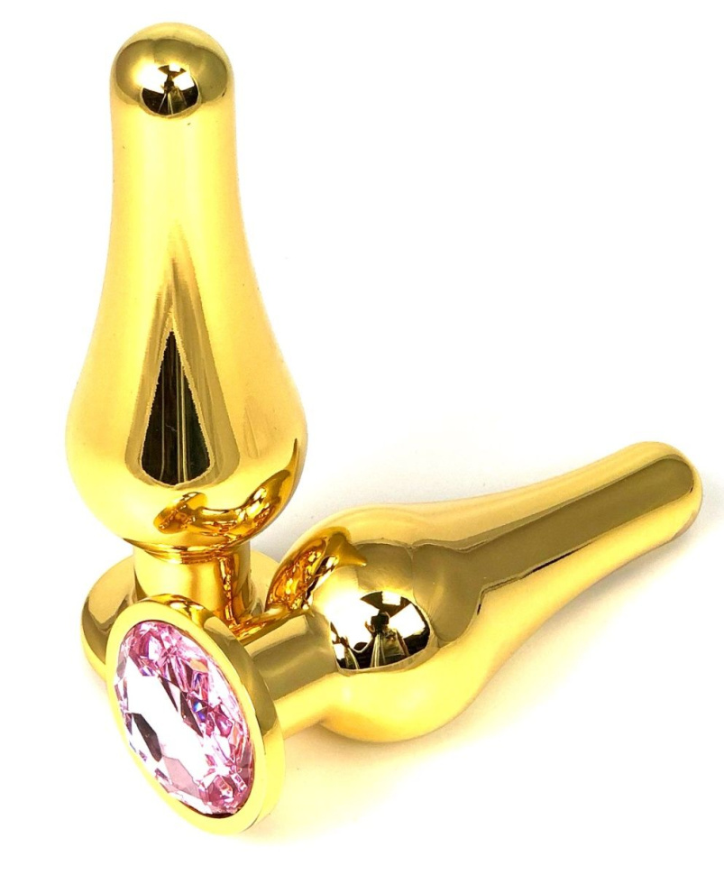 Золотистая удлиненная анальная пробка с нежно-розовым кристаллом - 11,5 см. купить в секс шопе