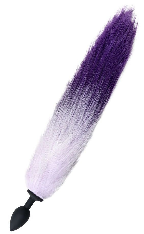 Черная анальная втулка с фиолетово-белым хвостом - размер S купить в секс шопе
