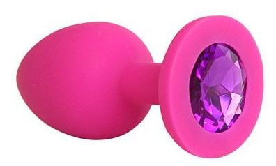 Ярко-розовая анальная пробка с фиолетовым кристаллом - 9,5 см. купить в секс шопе