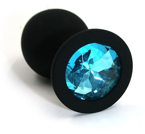Чёрная силиконовая анальная пробка с голубым кристаллом - 7 см. купить в секс шопе