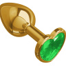 Золотистая анальная втулка с зеленым кристаллом-сердцем - 7 см. купить в секс шопе