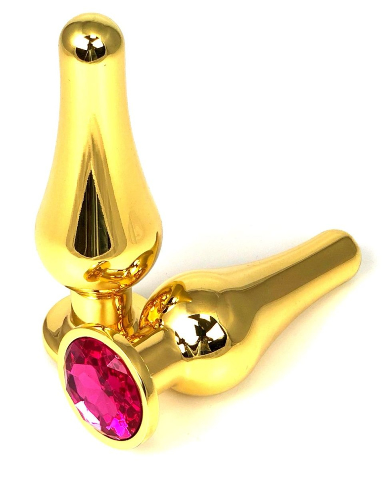 Золотистая удлиненная анальная пробка с розовым кристаллом - 11,5 см. купить в секс шопе