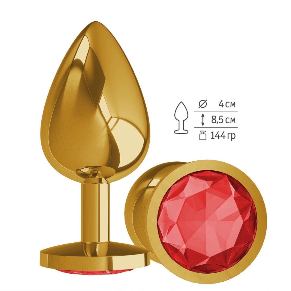 Золотистая большая анальная пробка с красным кристаллом - 9,5 см. купить в секс шопе