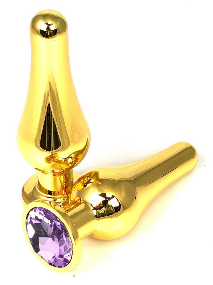 Золотистая удлиненная анальная пробка с сиреневым кристаллом - 8 см. купить в секс шопе