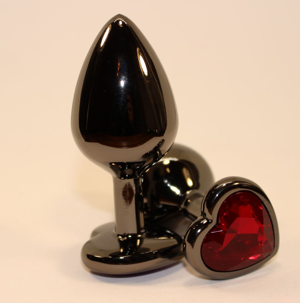 Чёрная пробка с красным сердцем-кристаллом - 7 см. купить в секс шопе