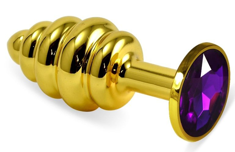Золотистая ребристая анальная пробка с фиолетовым кристаллом - 8 см.  купить в секс шопе