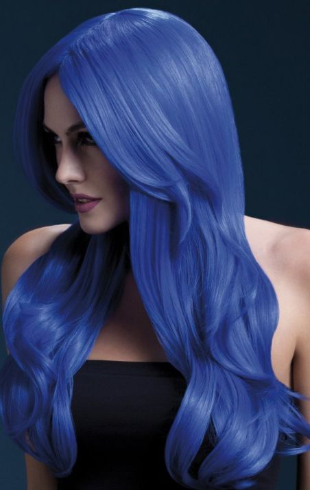 Синий парик с длинной челкой Khloe купить в секс шопе
