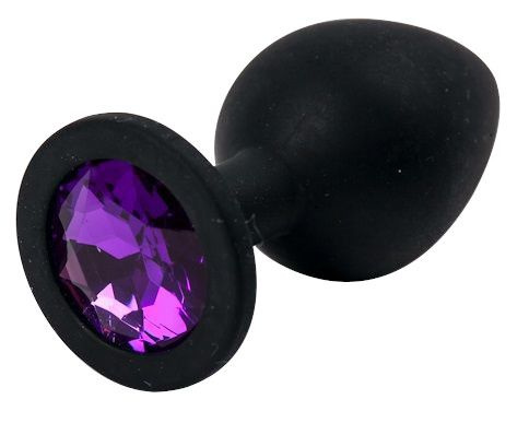 Черная силиконовая анальная пробка с фиолетовым стразом - 8,2 см. купить в секс шопе