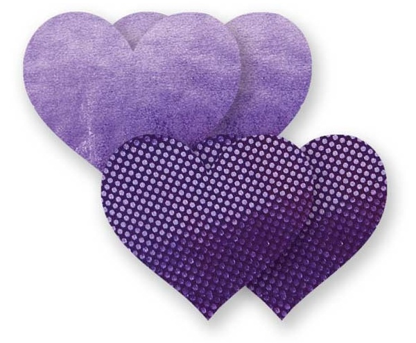 Комплект из 1 пары фиолетовых пэстис-сердечек с блестками и 1 пары сиреневых пэстис-сердечек с гладкой поверхностью купить в секс шопе