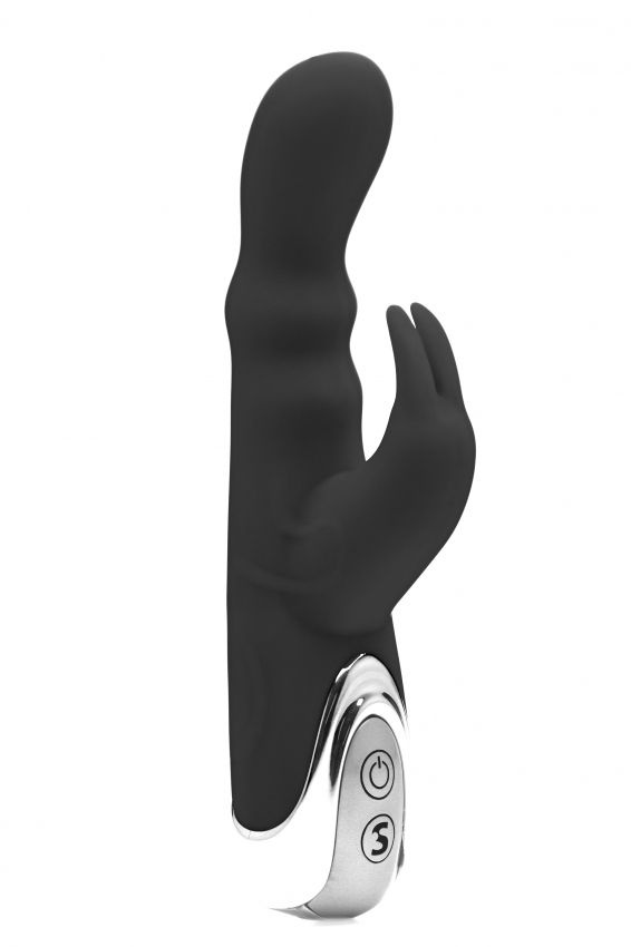 Чёрный вибратор Silicone Bunny с клиторальным отростком - 16,5 см. купить в секс шопе