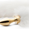 Золотистая анальная пробка с белым пушистым хвостом Fox Tail Plug купить в секс шопе