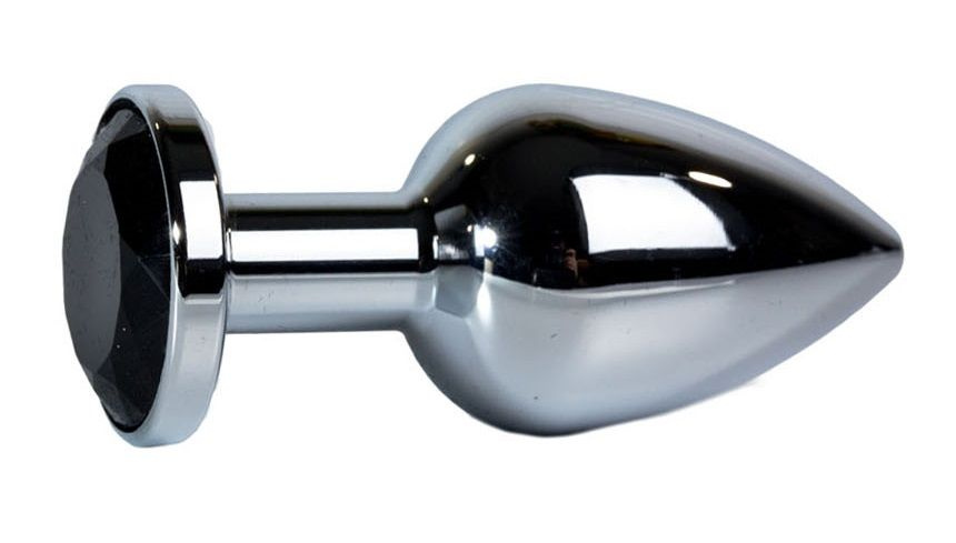 Гладкая серебристая анальная пробка с чёрным кристаллом размера L - 9 см. купить в секс шопе
