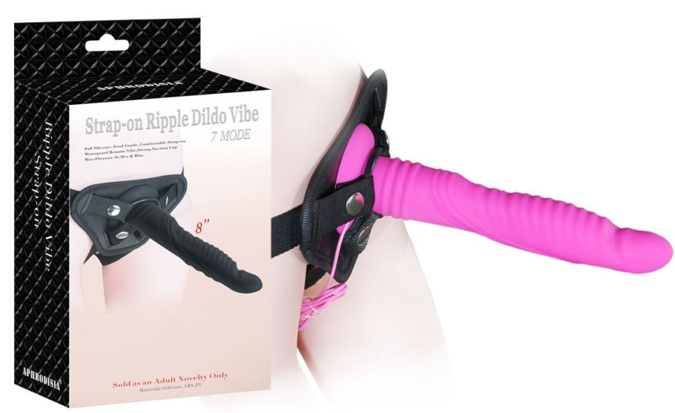 Розовый страпон 8 inch Strap-on Ripple Dildo Vibe - 21 см. купить в секс шопе