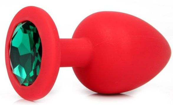 Красная анальная пробка с зеленым кристаллом - 9,5 см.  купить в секс шопе