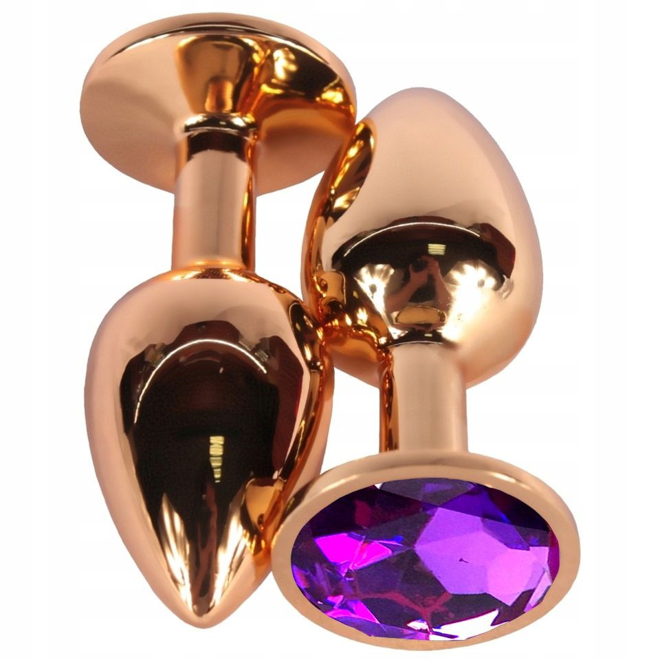 Золотистая анальная пробка с фиолетовым кристаллом - 6,8 см. купить в секс шопе