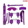 Большой набор БДСМ в фиолетовом цвете: маска, кляп, плётка, ошейник, наручники, оковы, верёвка купить в секс шопе