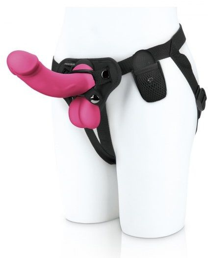 Розовый вибратор-реалистик на трусиках с кольцом - 17,8 см. купить в секс шопе