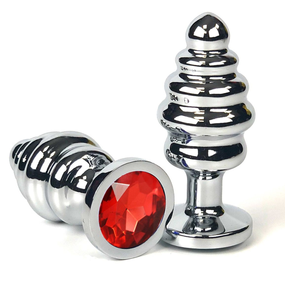 Серебристая анальная пробка с красным кристаллом - 8 см. купить в секс шопе
