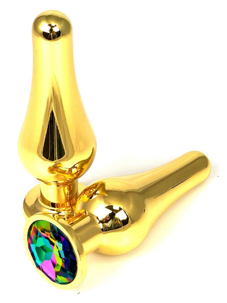 Золотистая удлиненная анальная пробка с разноцветным кристаллом - 8 см. купить в секс шопе