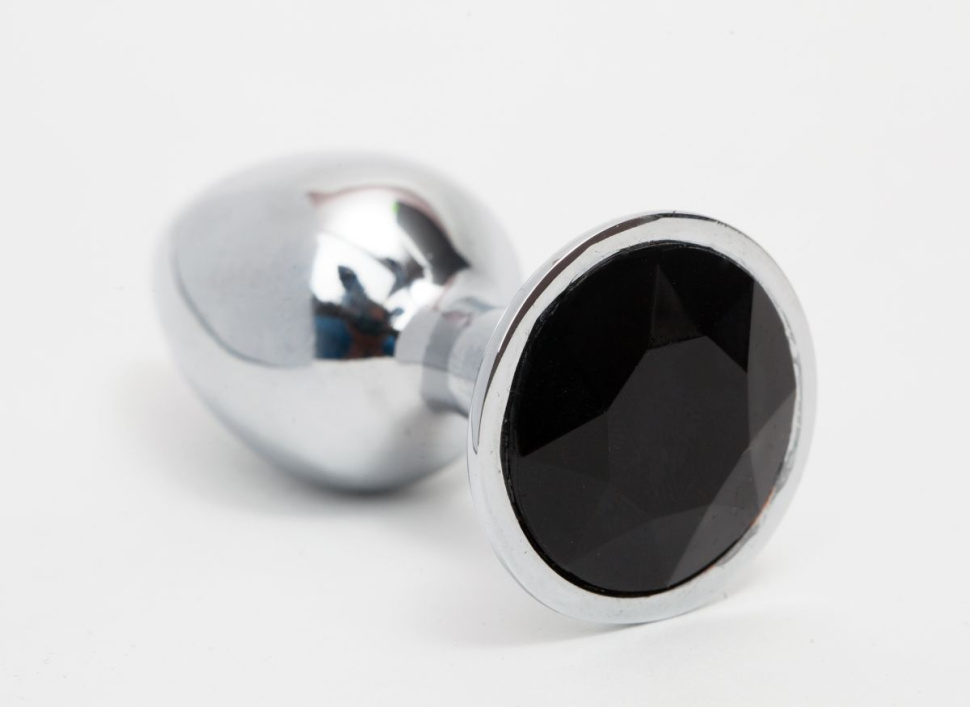 Серебристая анальная пробка с черным кристаллом - 8,2 см.  купить в секс шопе