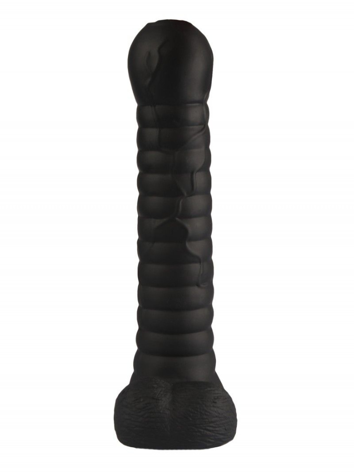 Черный рельефный фаллоимитатор с мошонкой - 27,5 см. купить в секс шопе