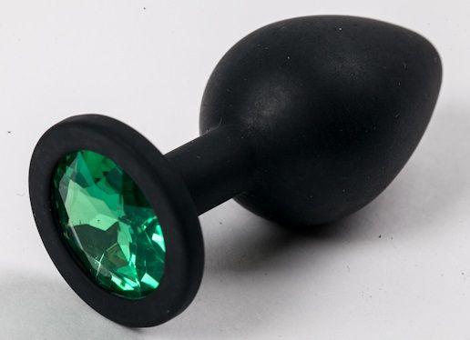 Черная силиконовая анальная пробка с зеленым кристаллом - 9,5 см. купить в секс шопе