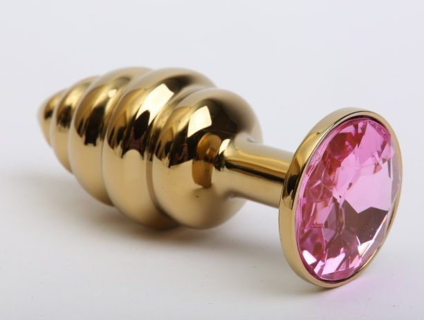 Золотистая ребристая анальная пробка с розовым стразом - 7,3 см. купить в секс шопе