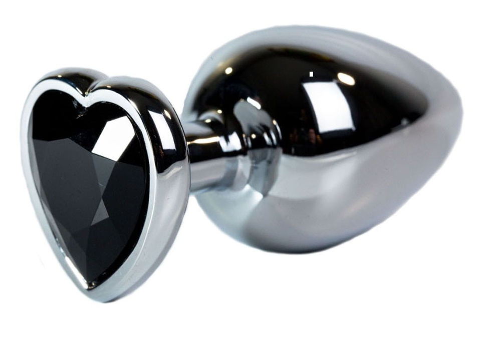 Серебристая анальная пробка с чёрным кристаллом-сердцем размера L - 9,5 см. купить в секс шопе