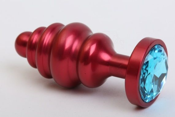 Красная ребристая анальная пробка с голубым стразом - 7,3 см. купить в секс шопе