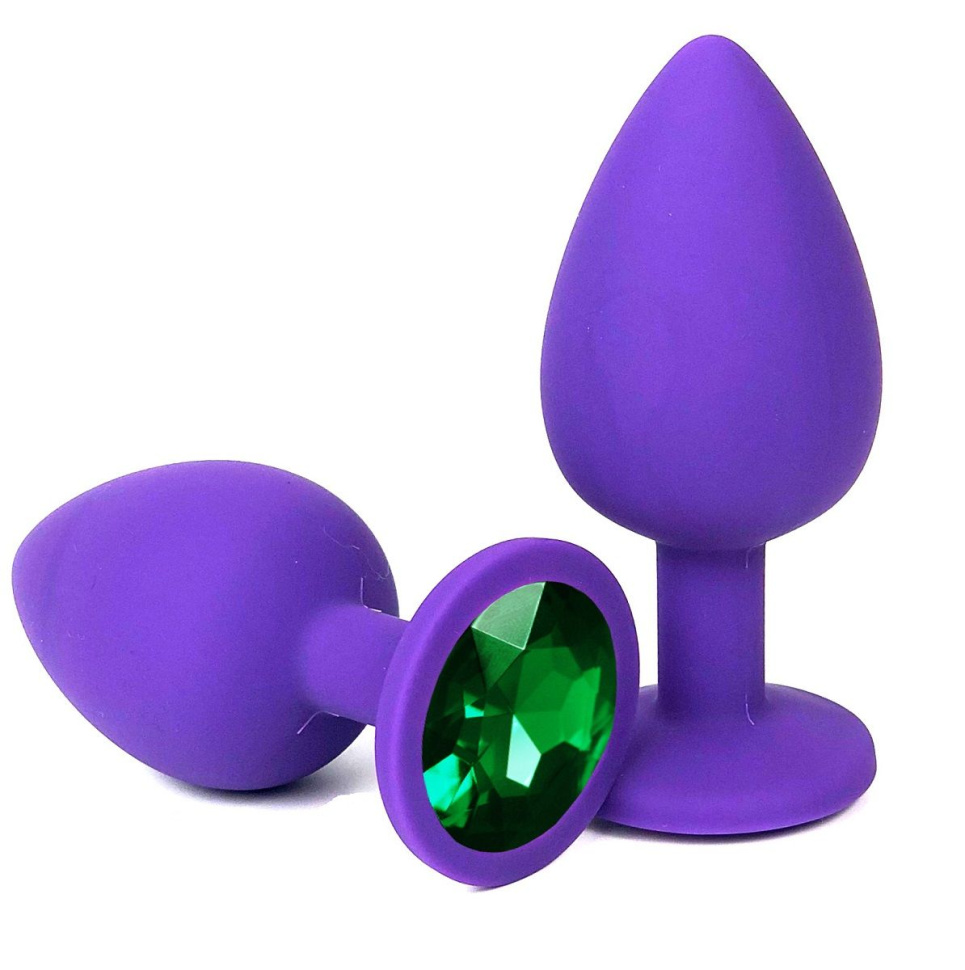 Фиолетовая анальная пробка с зеленым стразом - 8 см.  купить в секс шопе