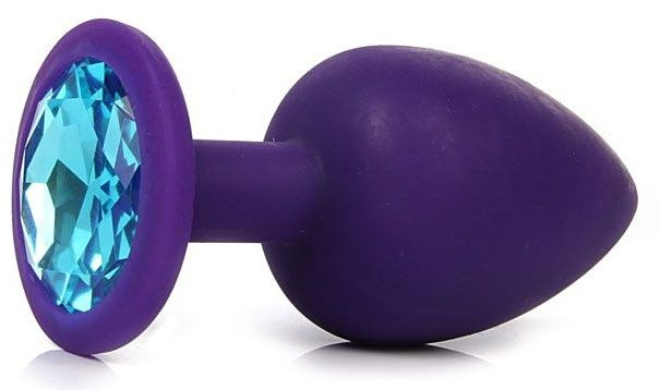 Фиолетовая анальная пробка с голубым кристаллом - 9,5 см.  купить в секс шопе