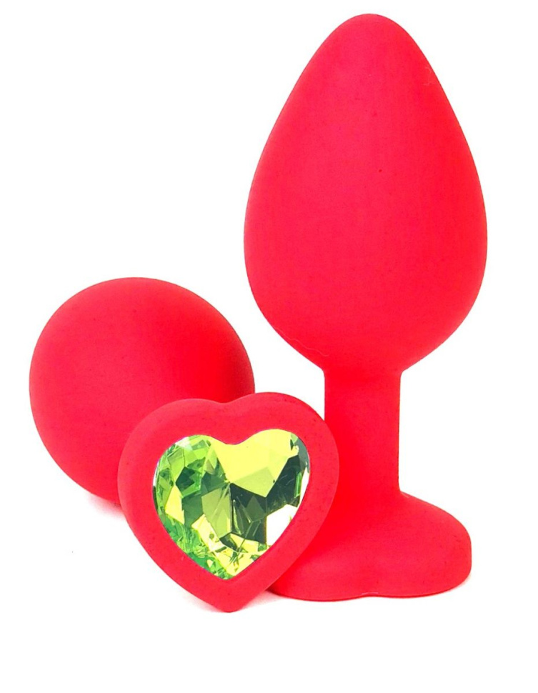Красная силиконовая анальная пробка с лаймовым стразом-сердцем - 8,5 см. купить в секс шопе
