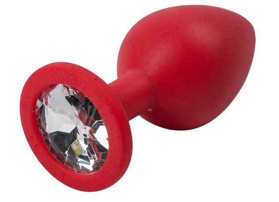 Красная силиконовая анальная пробка с прозрачным стразом - 8,2 см. купить в секс шопе