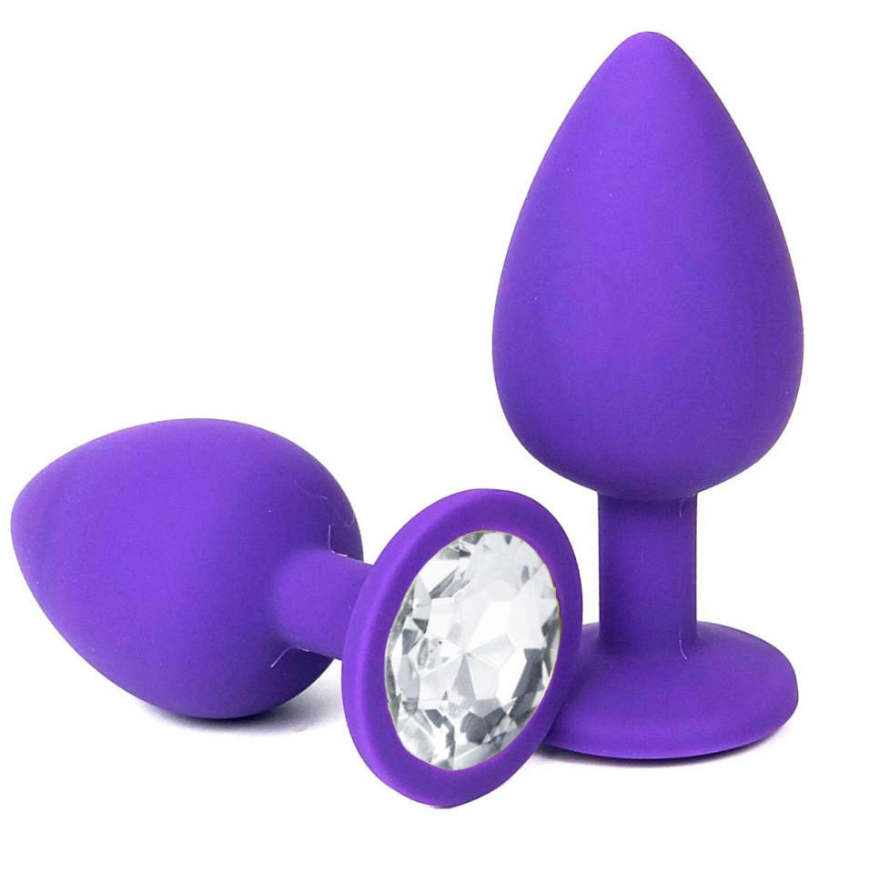 Фиолетовая анальная пробка с прозрачным стразом - 8 см.  купить в секс шопе