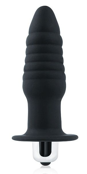Черная ребристая вибровтулка с ограничителем - 9 см. купить в секс шопе