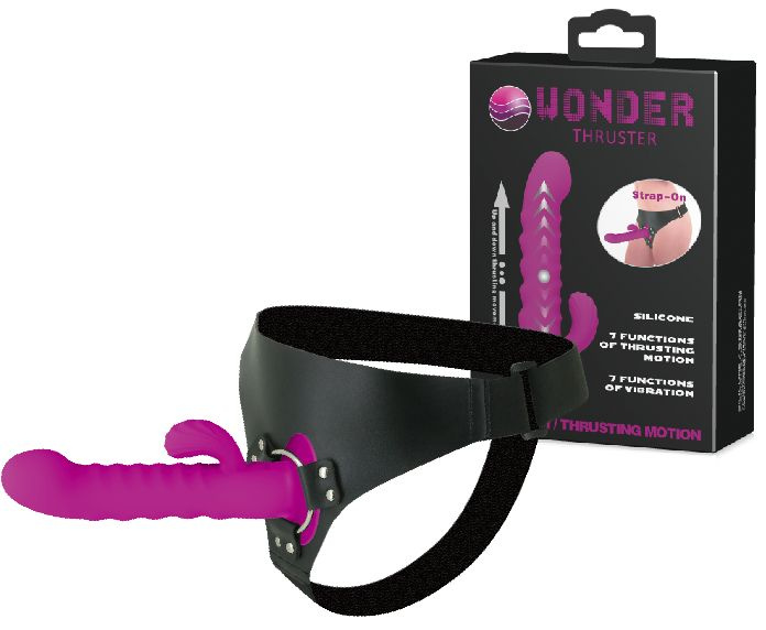 Фиолетовый страпон с пульсацией Wonder Thruster - 20 см. купить в секс шопе