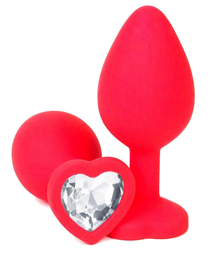 Красная силиконовая анальная пробка с прозрачным стразом-сердцем - 8,5 см. купить в секс шопе
