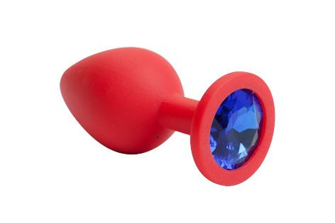 Красная силиконовая анальная пробка с синим стразом - 8,2 см. купить в секс шопе