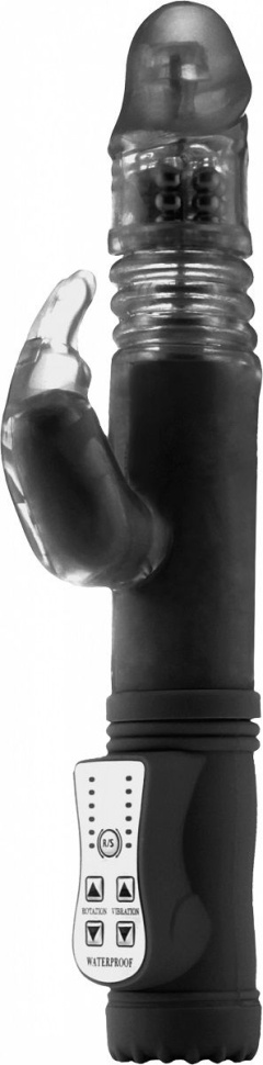 Чёрный вибратор Thrusting Rabbit с клиторальным стимулятором - 26 см. купить в секс шопе