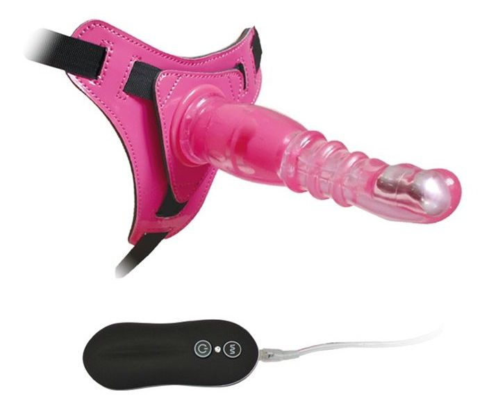 Розовый страпон на трусиках с вибрацией 10Mode Vibrations Harness-G spot Dong - 18,7 см. купить в секс шопе