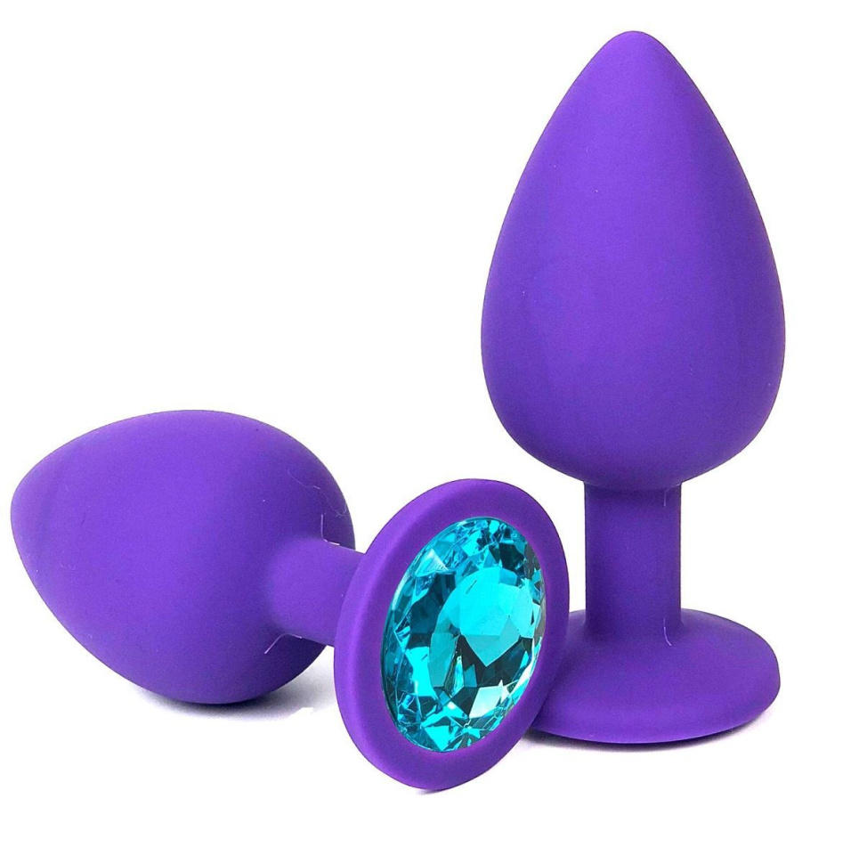 Фиолетовая анальная пробка с голубым стразом - 8 см.  купить в секс шопе