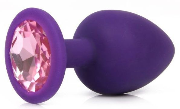 Фиолетовая анальная пробка с розовым кристаллом - 9,5 см.  купить в секс шопе